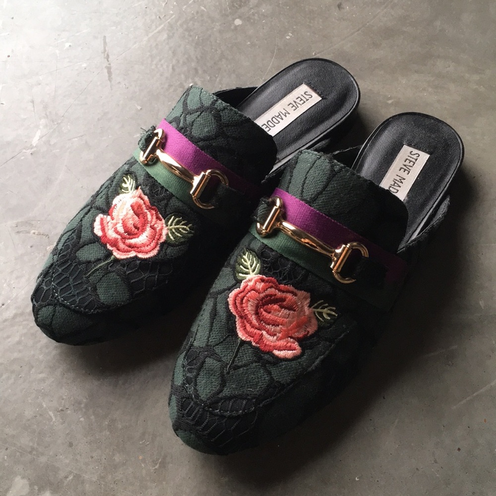Steve Madden Kandi Mules Green Floral Embroidery 7